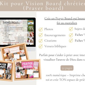 May include: A digital kit for a Christian Vision Board, also known as a Prayer Board. The image shows a computer screen displaying themes and three cork boards with the words "Prayer Board" and various images and notes. The kit includes 52 pages.