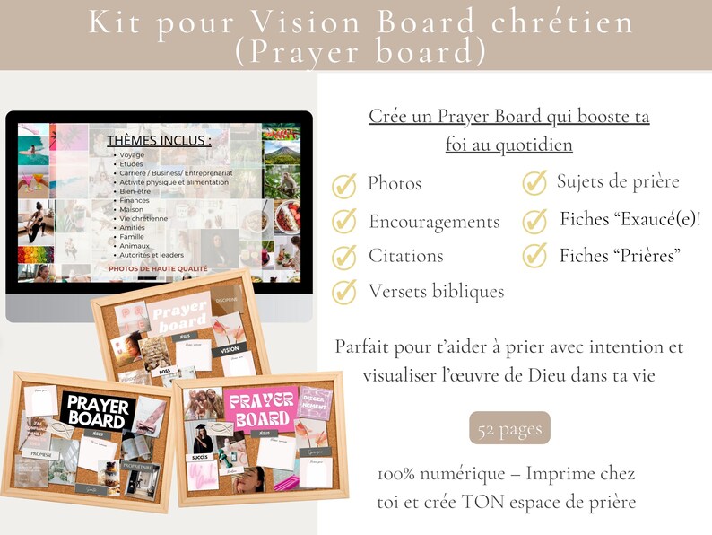 May include: A digital kit for a Christian Vision Board, also known as a Prayer Board. The image shows a computer screen displaying themes and three cork boards with the words "Prayer Board" and various images and notes. The kit includes 52 pages.