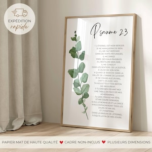 Peut inclure: Une affiche murale verticale présentant une illustration à l'aquarelle d'une branche d'eucalyptus verte sur la gauche et le texte du Psaume 23 en français sur la droite, sur un fond blanc dans un cadre en bois clair.