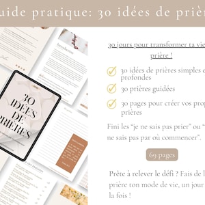 May include: A digital guide titled "30 Ideas of Prayers" displayed on a tablet, surrounded by related documents. The guide promises 30 prayer ideas, guided prayers, and pages to create your own prayers. The guide is 69 pages long.