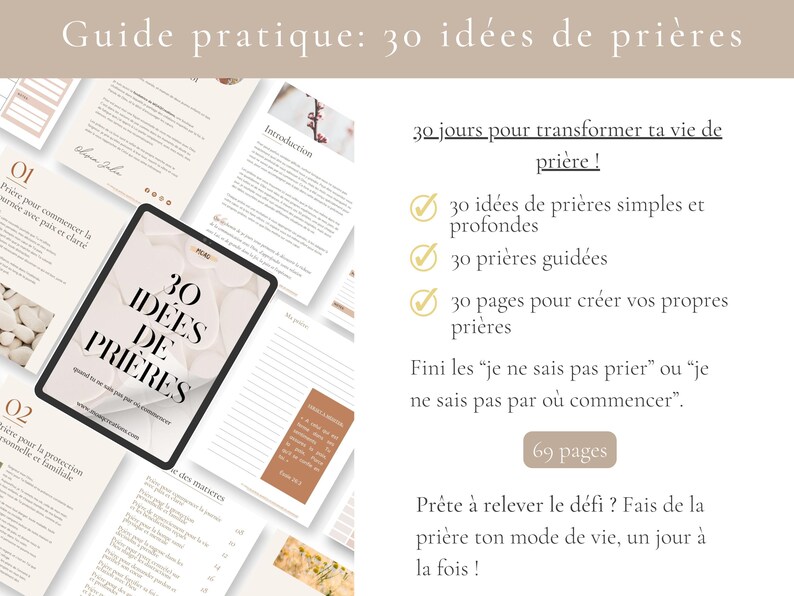 May include: A digital guide titled "30 Ideas of Prayers" displayed on a tablet, surrounded by related documents. The guide promises 30 prayer ideas, guided prayers, and pages to create your own prayers. The guide is 69 pages long.