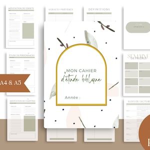 Può includere: Un'agenda bianca e dorata con il testo "MON CAHIER d'étude biblique" e "Année:" è circondata da diverse pagine con testo e grafica. L'agenda include 30 pagine ed è disponibile nei formati A4 e A5.
