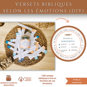 Peut inclure: Un kit DIY imprimable pour créer un jeu de cartes de versets bibliques. Les cartes sont codées par couleur en fonction de l'émotion et présentent des versets à lire lorsque vous vous sentez heureux, anxieux, triste, en colère ou déprimé. Le kit comprend plus de 120 versets.