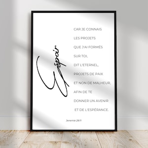 Poster mit Bibelvers in Französisch Jeremia 29:11, Poster mit Bibelzitat für minimalistische christliche Wanddekoration