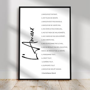Verset biblique en français 1 corinthiens 13 l Décor chrétien l&#39;Amour est patient I Affiche cadre citation Bible I Cadeau Mariage poster