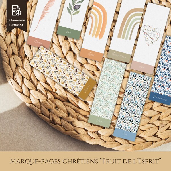 9 marque-pages chrétiens à imprimer,  Signets "Fruits de l'Esprit" boho dans les tons verts nature, Onglets bibliques, Cadeau pour lecteurs