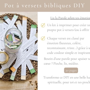 May include: A DIY kit for creating a "Pot of Biblical Verses." The image shows a glass jar filled with colorful paper strips, surrounded by more strips on a woven mat. The text on the strips is in French.
