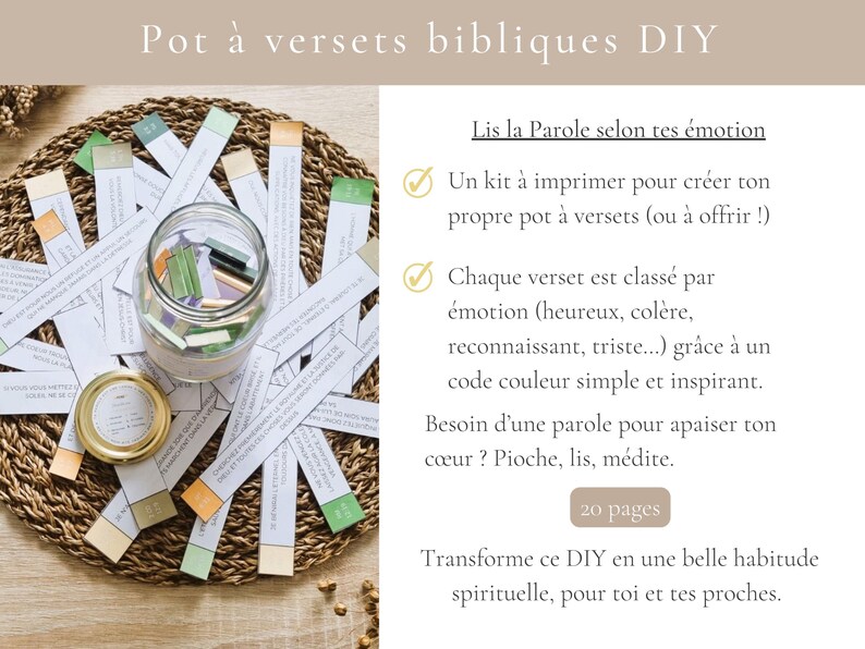 May include: A DIY kit for creating a "Pot of Biblical Verses." The image shows a glass jar filled with colorful paper strips, surrounded by more strips on a woven mat. The text on the strips is in French.