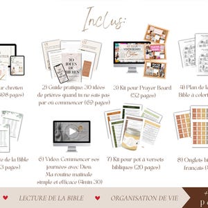 May include: An image showcasing a collection of digital and printed resources for Christian life. Includes a planner, prayer guide, vision board kit, Bible reading plans, and more. The image features text in French and English, with a focus on prayer, Bible study, and life organization.