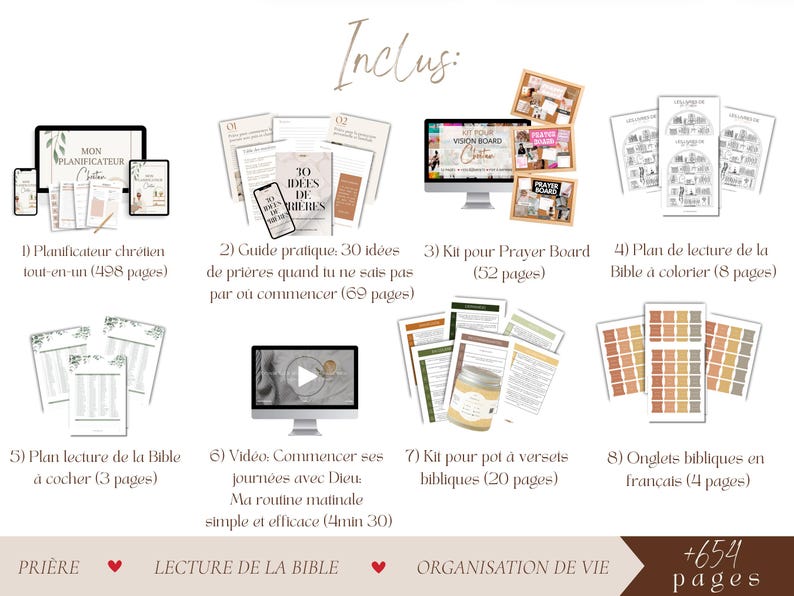 May include: An image showcasing a collection of digital and printed resources for Christian life. Includes a planner, prayer guide, vision board kit, Bible reading plans, and more. The image features text in French and English, with a focus on prayer, Bible study, and life organization.