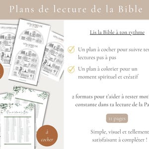 May include: A collection of Bible reading plans in French. The image features several printed sheets with text and illustrations, including a coloring plan and a checklist plan. The text includes "Plans de lecture de la Bible" and "Lis la Bible &agrave; ton rythme".