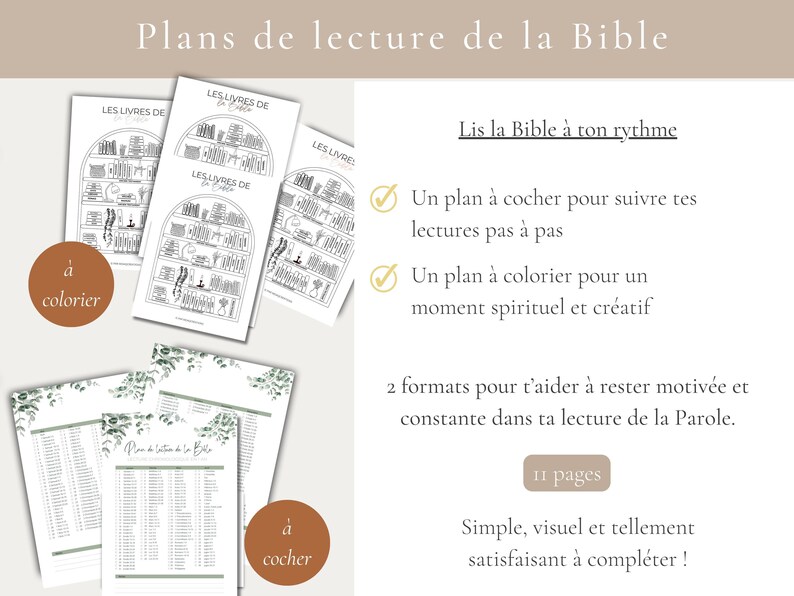 May include: A collection of Bible reading plans in French. The image features several printed sheets with text and illustrations, including a coloring plan and a checklist plan. The text includes "Plans de lecture de la Bible" and "Lis la Bible &agrave; ton rythme".