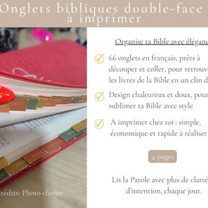 May include: A red Bible with colorful tabs, featuring the text "Onglets bibliques double-face &agrave; imprimer." The image shows a close-up of the open book with the tabs visible. The text on the right side of the image is in French.