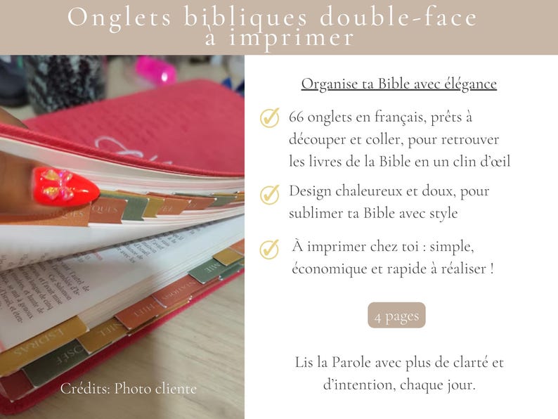 May include: A red Bible with colorful tabs, featuring the text "Onglets bibliques double-face &agrave; imprimer." The image shows a close-up of the open book with the tabs visible. The text on the right side of the image is in French.