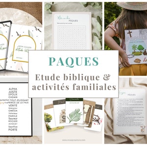 Box chrétienne numérique incluant un cahier d'étude biblique, Cartes histoire de Pâques avec versets bibliques en français, Activité famille