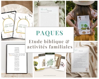 Box chrétienne numérique incluant un cahier d'étude biblique, Cartes histoire de Pâques avec versets bibliques en français, Activité famille