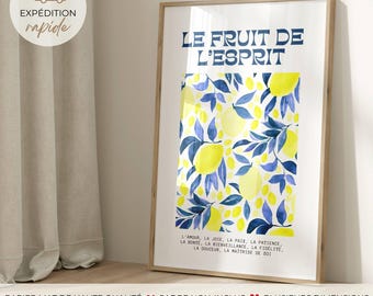 Verset biblique en français, Affiche Fruit de l'Esprit, Art chrétien, Citation Bible, Tableau citrons aquarelle, Cadeau femme & maman