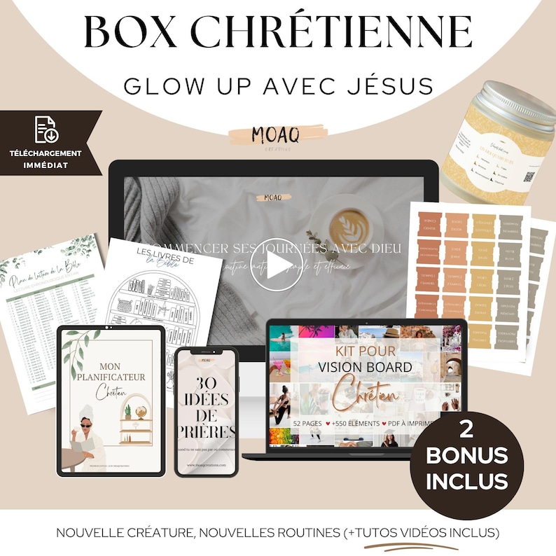 May include: A digital product bundle with the text "BOX CHR&Eacute;TIENNE" and "GLOW UP AVEC J&Eacute;SUS". The image includes a laptop, tablet, phone, and printed materials. The bundle also includes a jar and stickers. The text "2 BONUS INCLUS" is also visible.