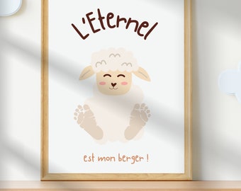 Verset biblique en français, Affiche chrétienne à imprimer pour chambre d'enfant, Psaume 23 avec Empreinte de Pied, Cadeau Personnalisé bébé