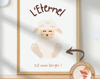 Verset biblique en français, Affiche chrétienne à imprimer pour chambre d'enfant, Psaume 23 avec Empreinte de Pied, Cadeau Personnalisé bébé