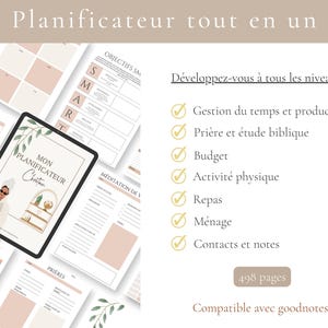 May include: Digital planner with a minimalist design. The cover of the planner features an illustration of a person in a spa setting. The planner includes sections for time management, budget, physical activity, and more. The planner is compatible with Goodnotes.