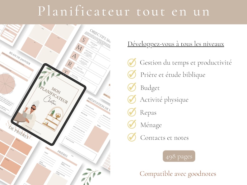 May include: Digital planner with a minimalist design. The cover of the planner features an illustration of a person in a spa setting. The planner includes sections for time management, budget, physical activity, and more. The planner is compatible with Goodnotes.