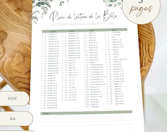 Piano di lettura della Bibbia in 1 anno, piano di lettura della Bibbia in francese, studio della Bibbia in francese, tracker di lettura PDF da stampare