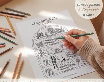 Biblioteca di libri della Bibbia in francese, piano di lettura della Bibbia da colorare, agenda cristiana stampabile, tracker di studio della Bibbia in PDF