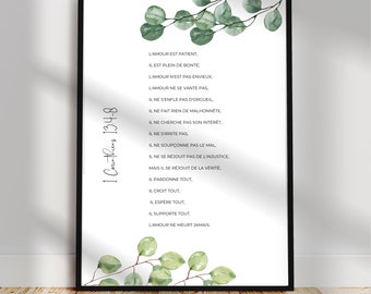 Verset biblique en français, Affiche 1 corinthiens 13, Poster Décor chrétien, L&#39;Amour est patient, Cadre citation Bible, Cadeau Mariage