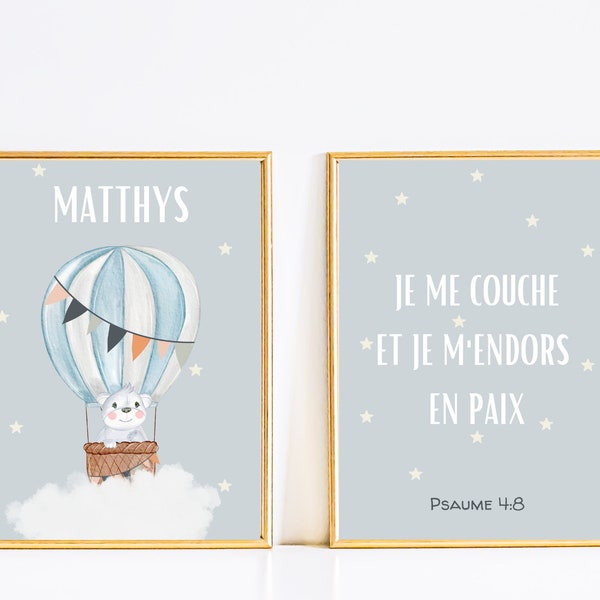 Verset biblique en français pour chambre enfant chrétien, Lot 2 affiches montgolfière, ourson blanc, prénom, Posters Psaume,  Cadeau bébé
