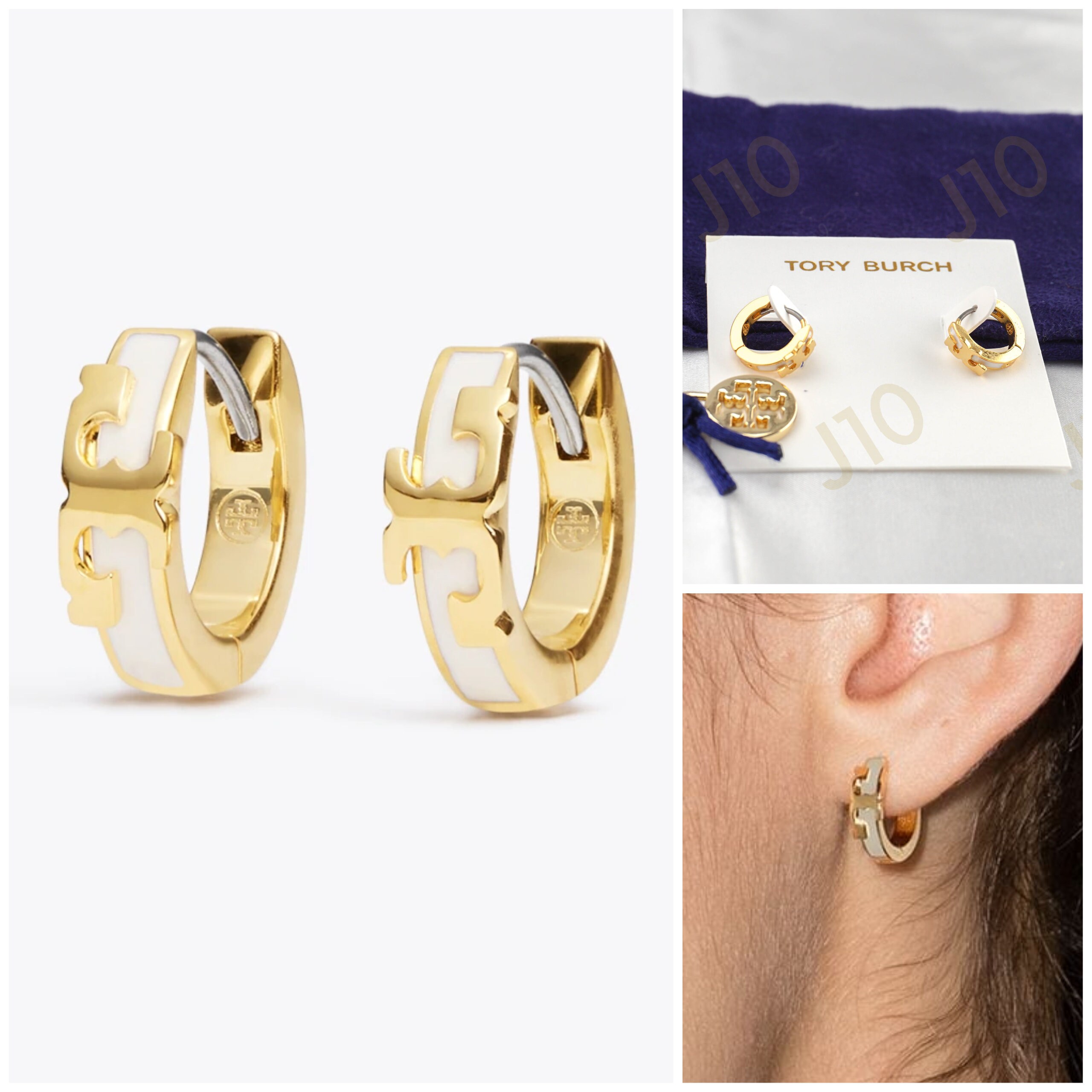 Tory Burch Serif-t Enameled Huggie Hoop Earrings in Gold/white - Etsy Canada