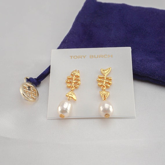 Tory Burch Delicate Fish Pearl Drop Earrings in Tory Gold - Etsy Australia