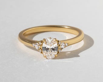 Oval Lab Diamond Trilogy Engagement Ring, 18K Yellow Gold, Hand-Finished in Hatton Garden, Three-Stone Bridal Ring