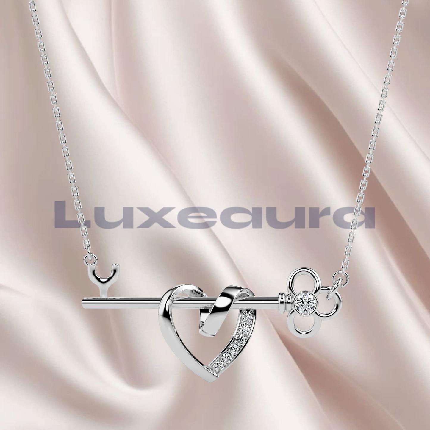 Morden Heart and Key Pendant For Women, Gift For Your Love, Statement Solid Gold Pendant Lab Grown Diamond Pendant