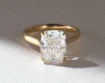 4ct Elongated Cushion Lab Diamond Solitaire, 18k Yellow Gold Engagement Ring, Avery