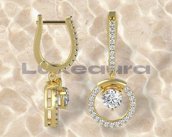 Dainty Lab Grown Drop Earrings, Round Cut Center Stone Dangle Earrings, Unique Statement Earrings, Dimond Earrings, Anniversary Gift