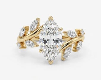 Marquise Diamond Leaf Ring | 18K Yellow Gold Botanical | Handcrafted in Hatton Garden