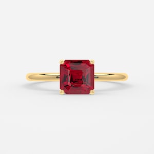 1ct Asscher Ruby Engagement Ring, 18K Yellow Gold Solitaire, Chelsea LuxeAuraUK Architectural Jewellery Design Modern Heirloom Luxury