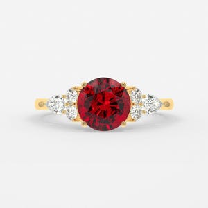 1.30ct Round Ruby Cluster Ring in 18K Yellow Gold, British Fine Jewelry, Sculptural Engagement Band, Modern Luxe Design