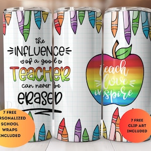 Kleurrijke Teacher Tumbler, Teach Love Inspire, 20 oz Skinny Sublimation Design, Teacher Appreciation, Instant Download PNG File