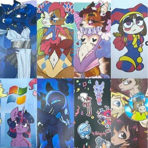 May include: A collage of eight distinct digital illustrations featuring various anthropomorphic characters, including a jester-themed figure, a purple unicorn, a dark winged creature, and a variety of cartoon-style drawings with vibrant colors.