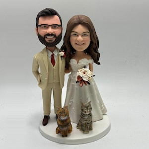 Custom Wedding Couple Bobblehead with Cats: Personalized Polymer Clay Sculpture