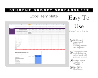 May include: A spreadsheet template for students to track their income and expenses. The template is designed to help students manage their finances while balancing school, work, and personal hobbies. The template includes a summary section, an earnings calculator, and a monthly budget tracker. The template is fully customizable and easy to use.