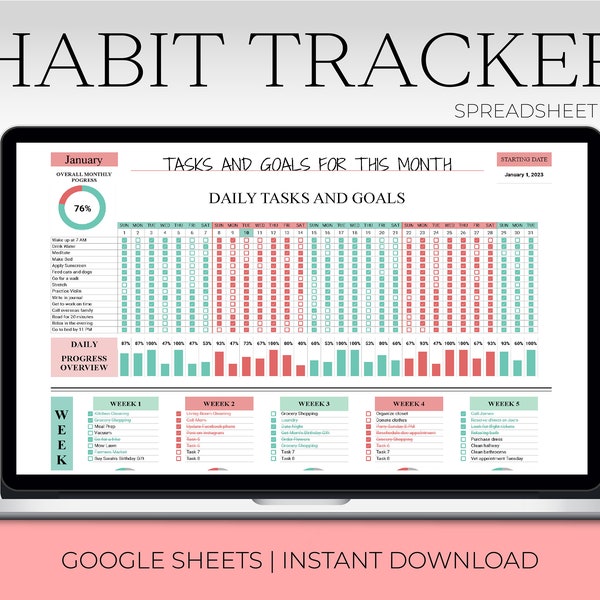 Habit Tracker Google Sheets Template | Productivity Planer Spreadsheet | Weekly Monthly Goal Planner | Daily Habit Tracker