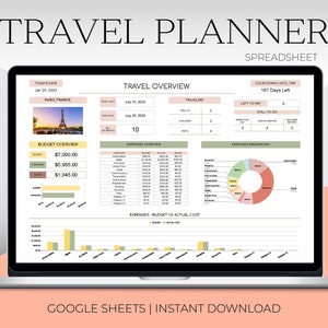 de planificateur de voyage Google Sheets | Feuille de calcul du budget de voyage | Modèle modifiable de planificateur de vacances d'itinéraire de voyage | Planificateur de vacances