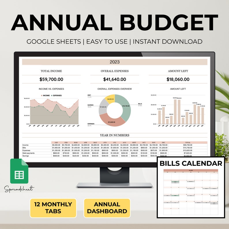 Annual Budget Spreadsheet for Google Sheets Monthly Budgets Spreadsheet ...