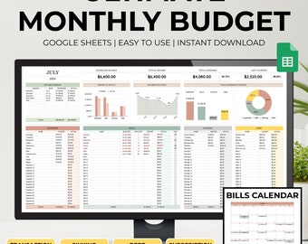 Monthly Budget Spreadsheet | Google Sheets Budget Template with Expense Tracker | Financial Planner Debt Snowball, Sinking Funds