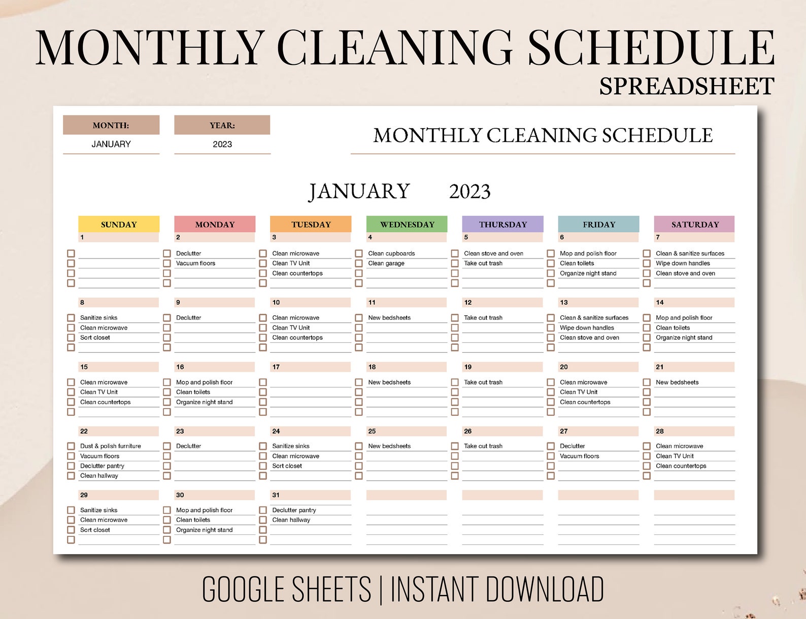 Monthly Cleaning Schedule Google Sheets Template Cleaning - Etsy