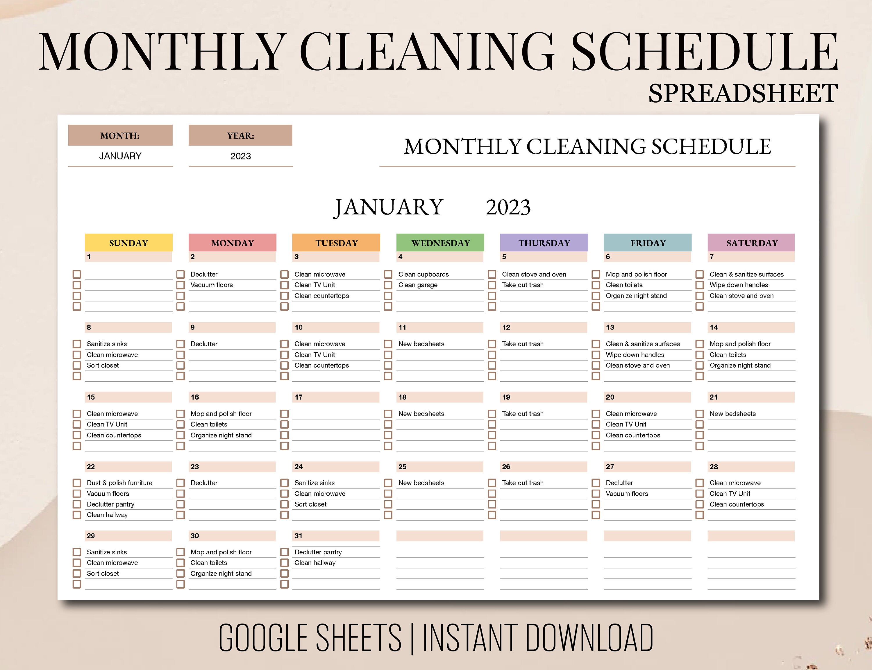 Monthly Cleaning Schedule Google Sheets Template Cleaning Etsy UK