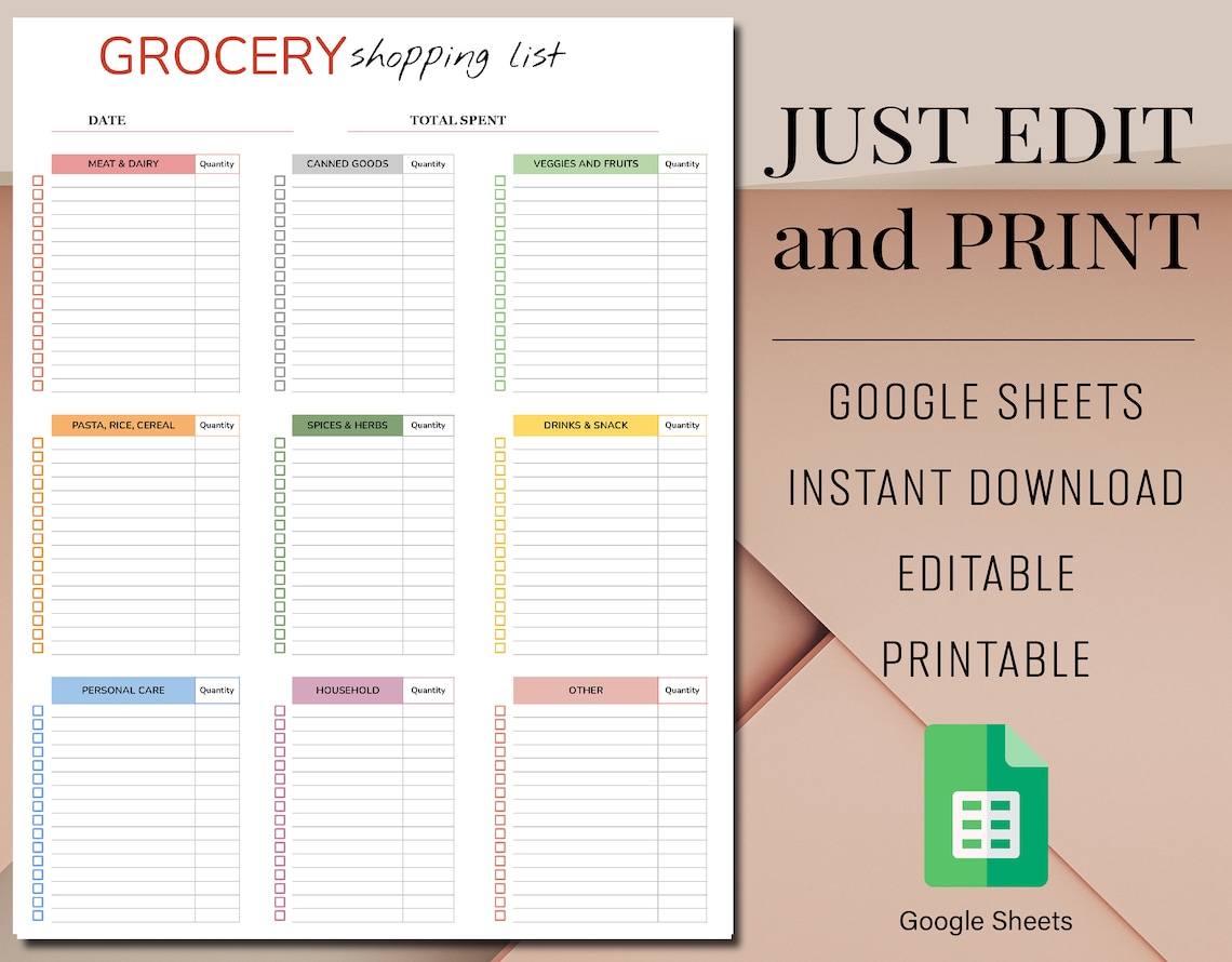 Grocery List Editable Google Sheets Template Printable Shopping List